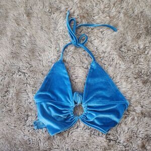 Malianna Bright Blue Velvet Tie Back Halter Top Crop Top Women's Size Medium